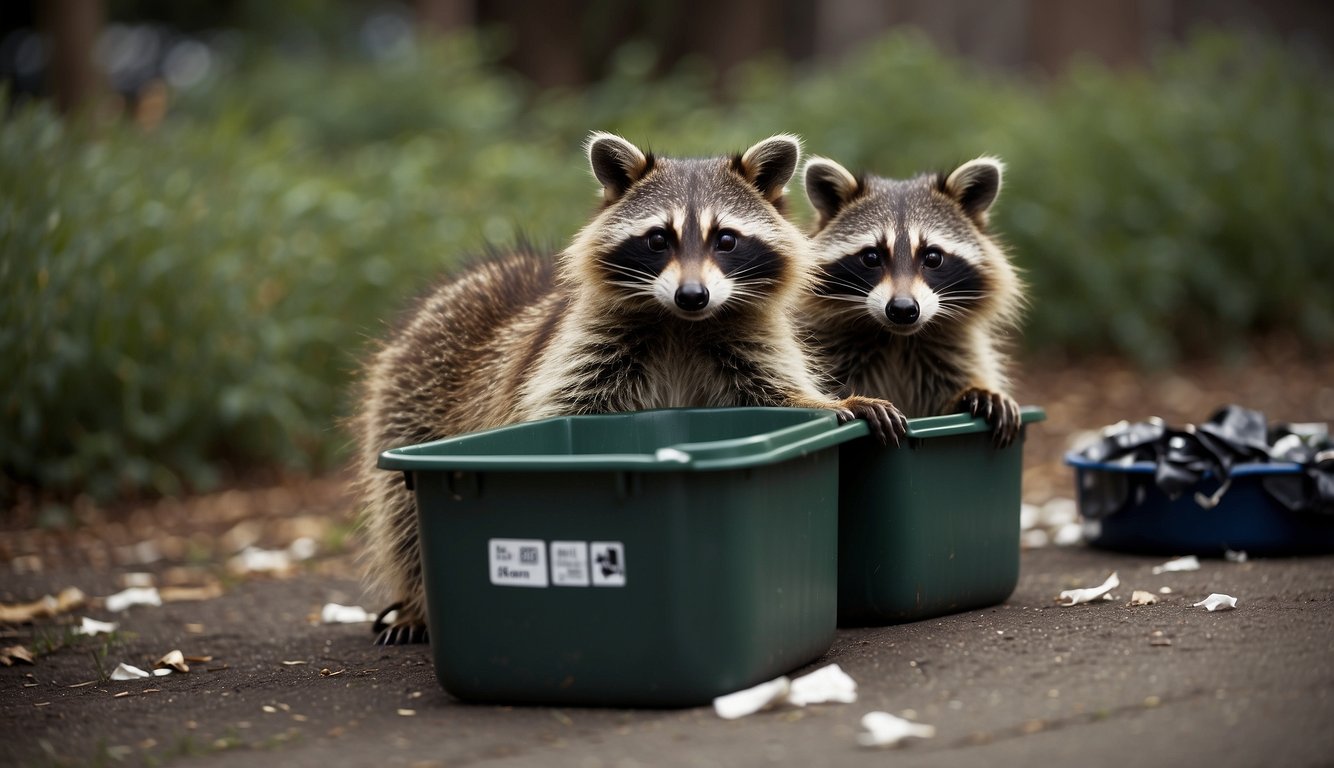 Two raccoons, one with a mischievous grin, hold a shiny object in their paws while surrounded by scattered garbage cans