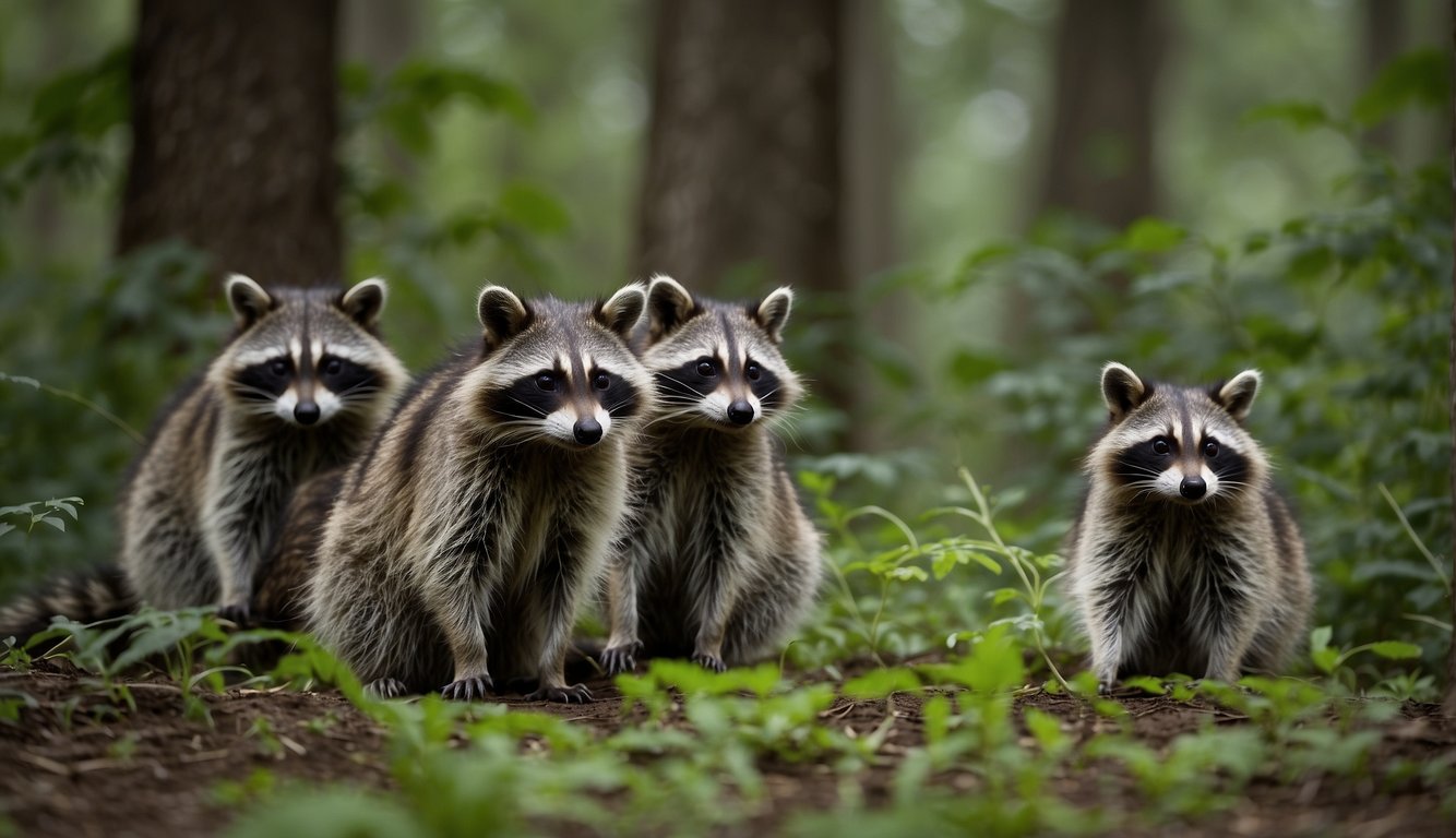 Raccoons playfully forage in a lush forest, surrounded by diverse wildlife.

A peaceful coexistence is evident as they interact with other animals