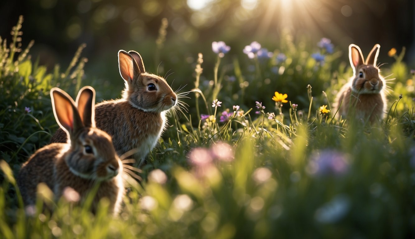 A group of rabbits hop in and out of burrows, surrounded by green grass and colorful flowers.

Sunlight filters through the trees, casting dappled shadows on the ground