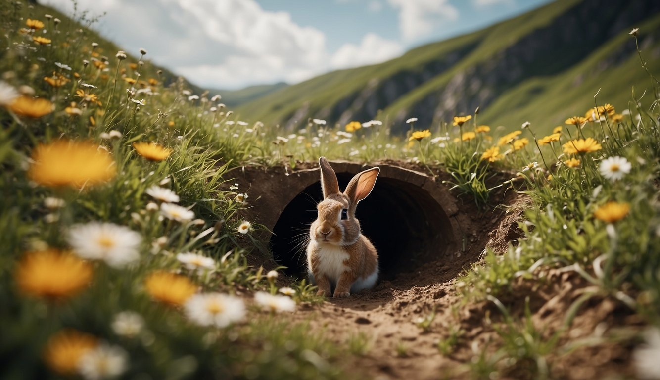 Rabbit burrows: a network of tunnels in the earth, with multiple entrances and exits, surrounded by grass and wildflowers