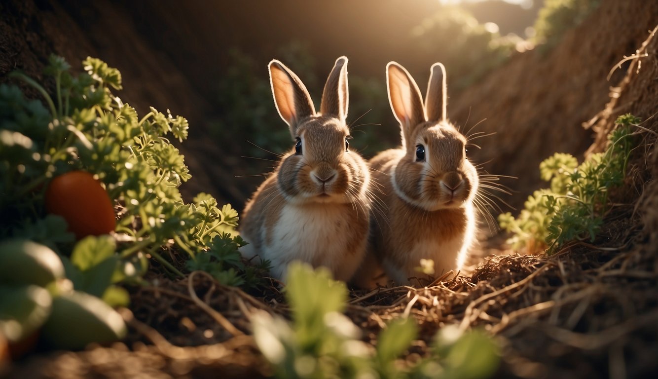 A rabbit family hops through their burrow, nibbling on carrots and snuggling in cozy nests.

Sunshine streams through the entrance, casting warm light on the bustling underground home