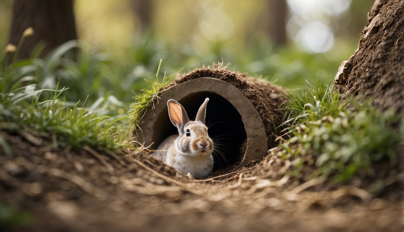 A rabbit burrow ecosystem with tunnels, grass, and a burrow entrance