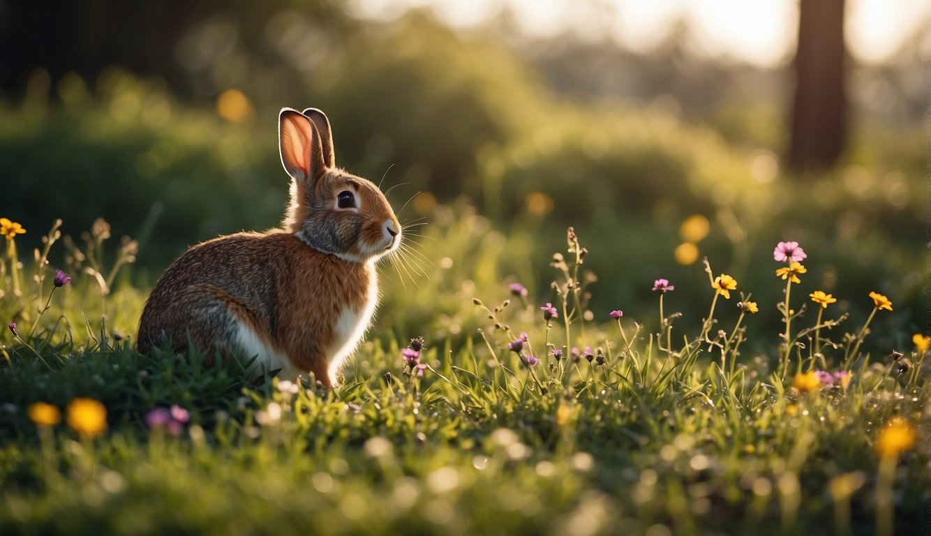 Rabbits burrow in a grassy field, surrounded by bushes and trees.

The sun is shining, and there are colorful wildflowers scattered around the area