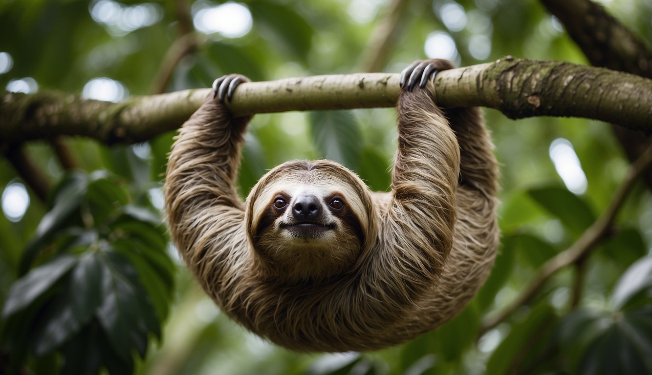 A sloth hangs from a tree branch, eyes closed, surrounded by lush green leaves and a tranquil forest setting