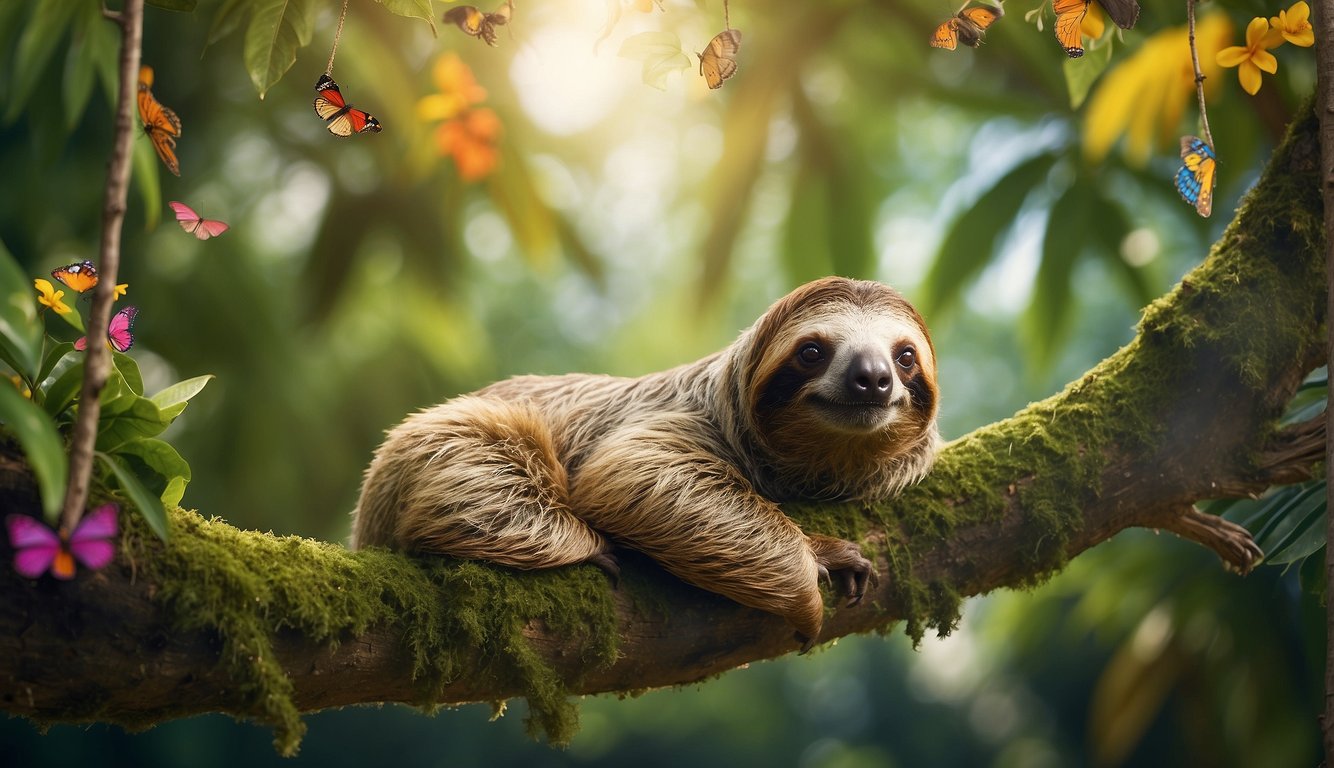 A sloth lounges in a lush, green forest, hanging upside down from a tree branch, eyes half-closed, surrounded by colorful birds and butterflies