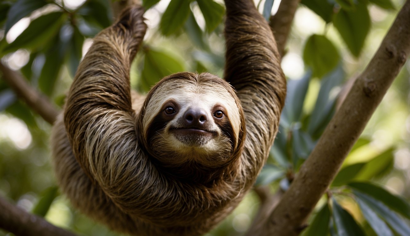 A sloth hangs upside down from a tree, eyes closed, with a relaxed expression.

Its limbs are dangling lazily, and its fur is a mix of light and dark brown