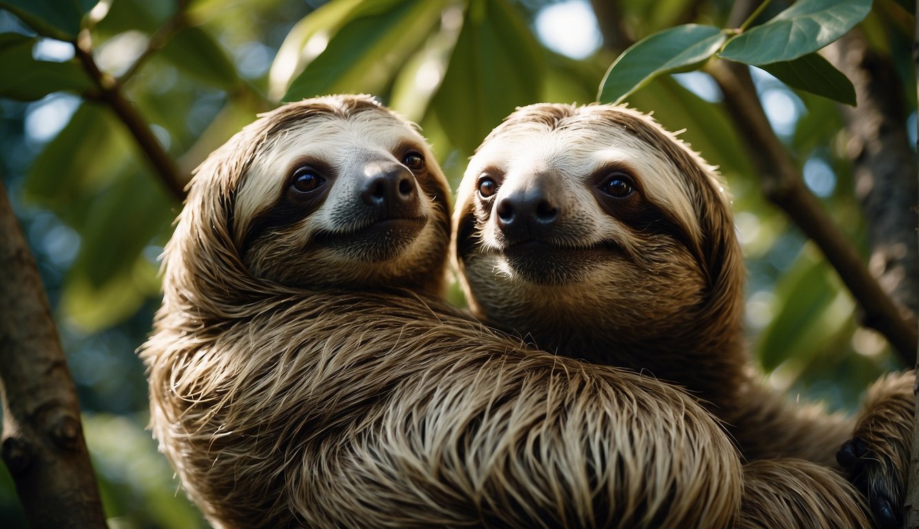 A sloth lounges in a tree, eyes half-closed, surrounded by leaves.

Its body hangs lazily, embodying the slow pace of the animal