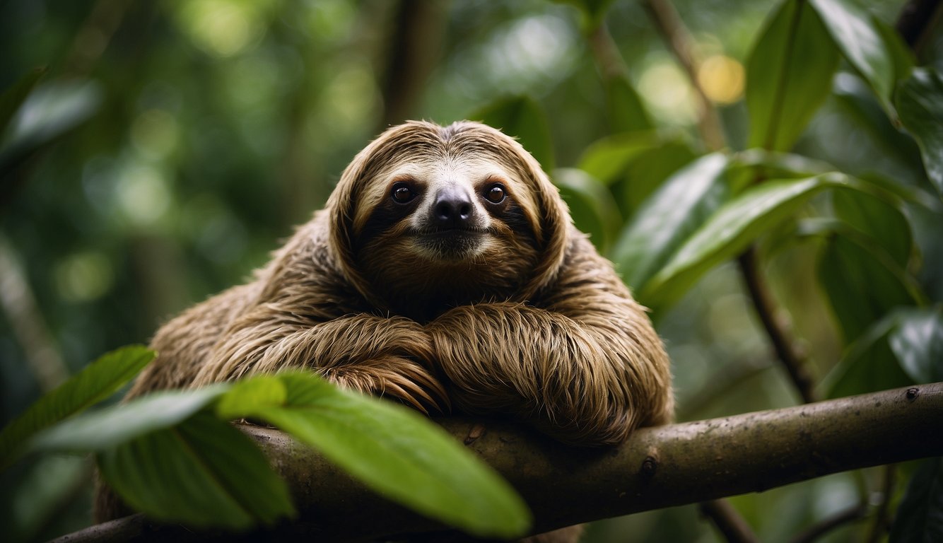 A sloth peacefully dozes in a lush rainforest, surrounded by vibrant green foliage and colorful birds.

The tranquil scene highlights the sloth's slow-moving nature and the diverse wildlife found in its habitat