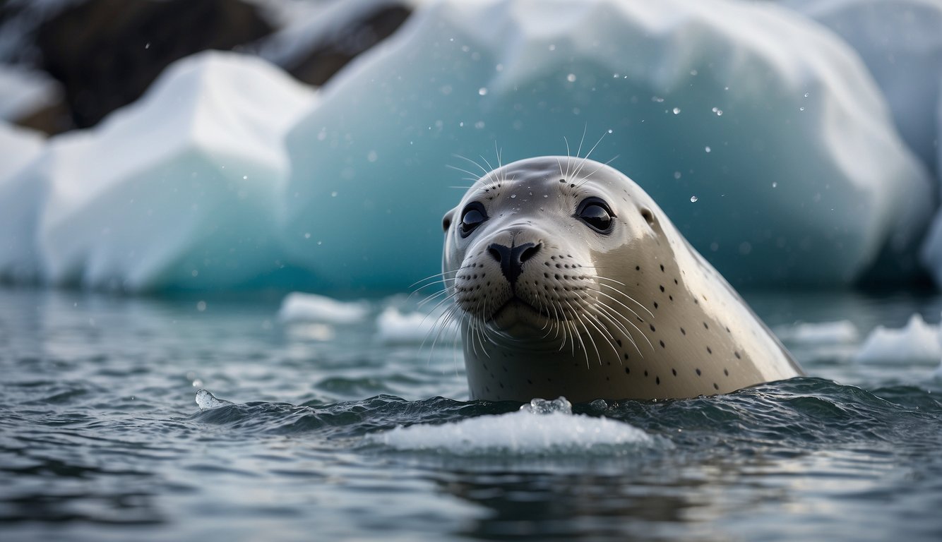 A seal splashes in icy water, surrounded by floating chunks of ice and snow-covered cliffs in the background