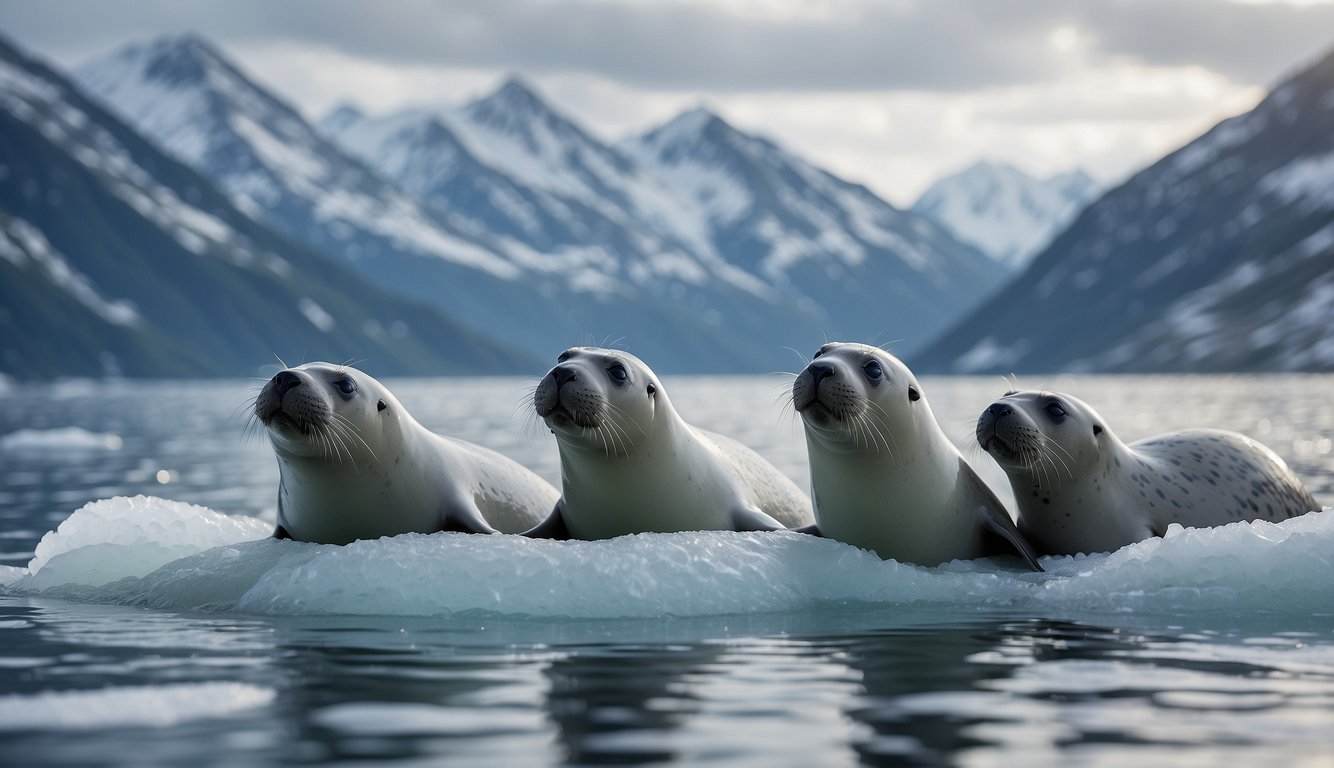 A group of seals playfully splashing in icy waters, surrounded by floating chunks of ice and snow-capped mountains in the distance