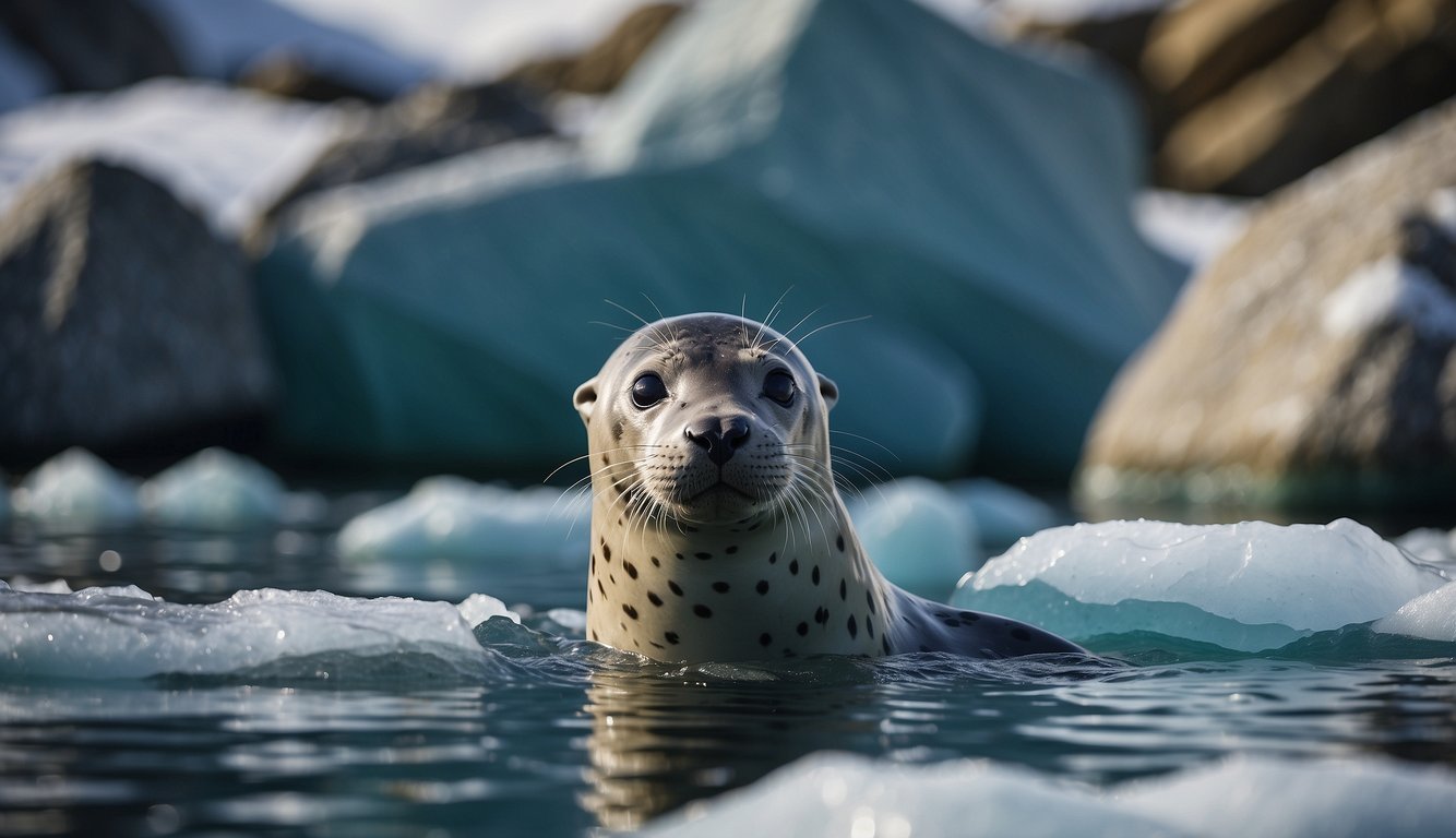 Seals playfully dive into the frigid waters, surrounded by icy cliffs and floating chunks of ice