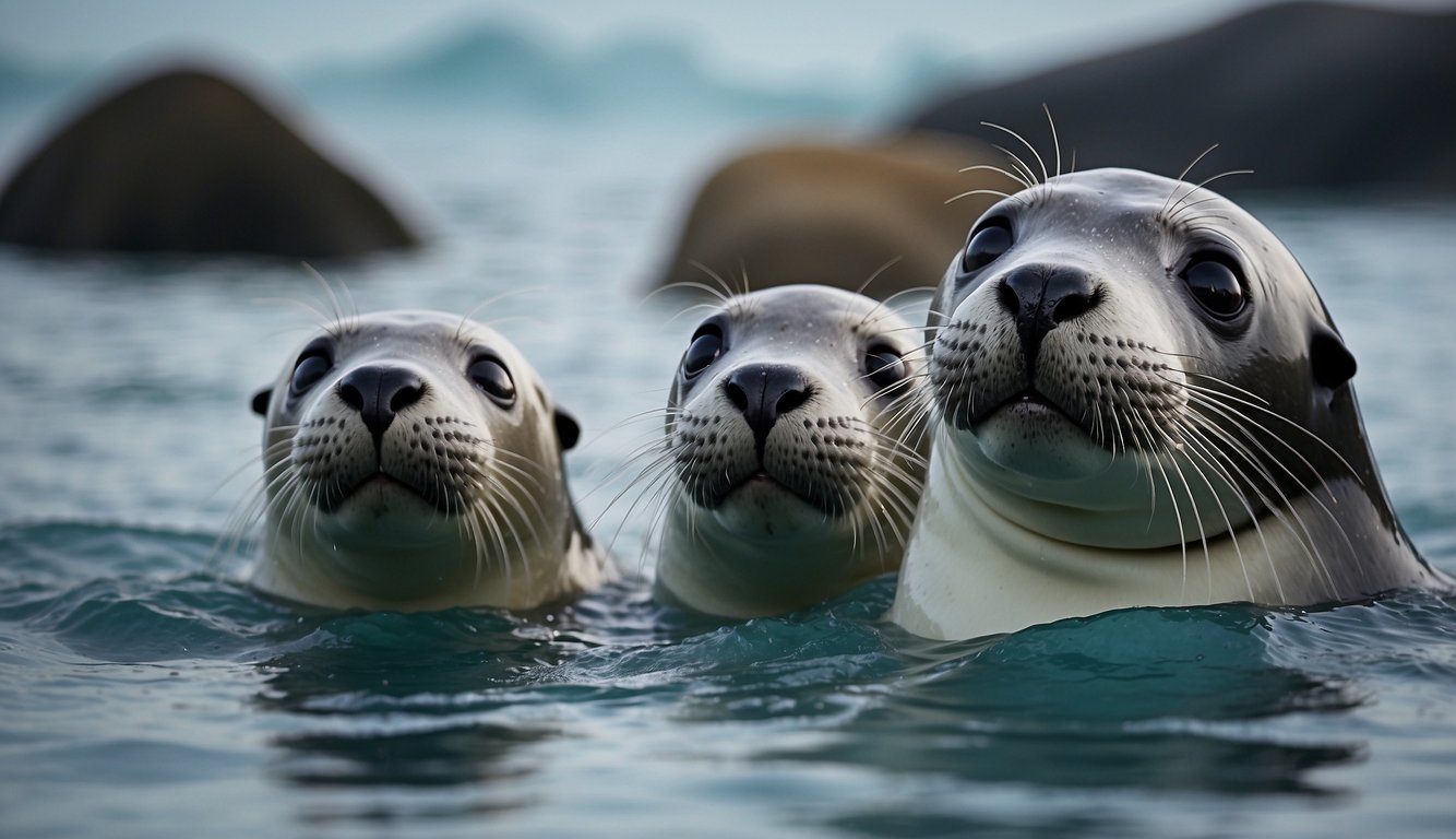 Seal pups playfully splash in icy waters while others dive deep for exploration