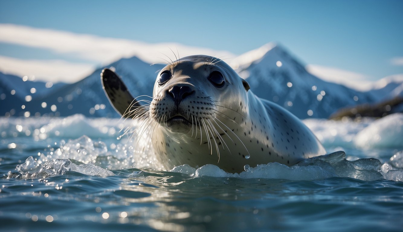 A seal splashes in icy waters, surrounded by floating chunks of ice.

Snow-capped mountains loom in the background, as the seal playfully dives and frolics in the frigid ocean