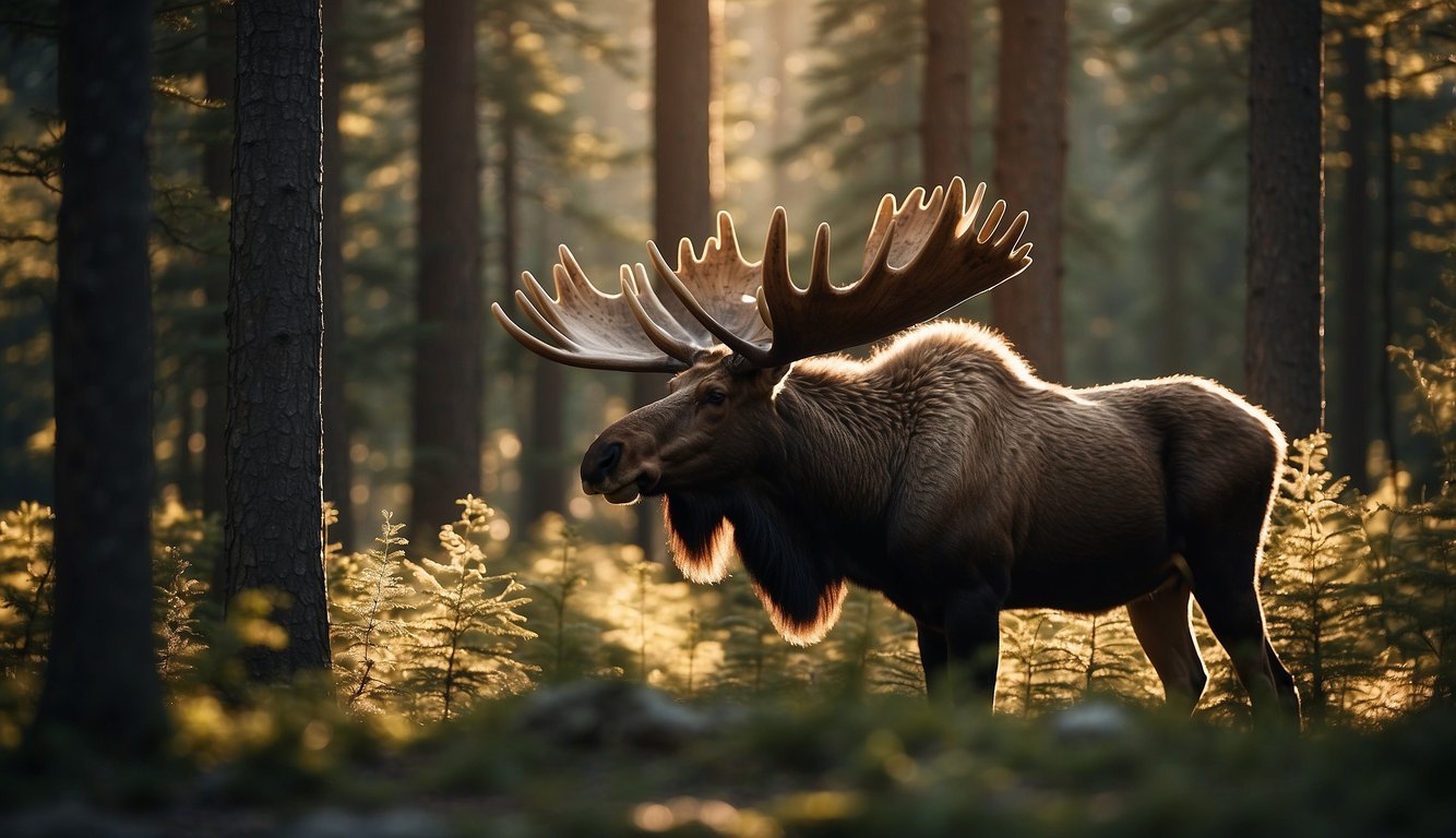 A majestic moose stands in a tranquil forest clearing, its antlers reaching towards the sky.

The sunlight filters through the trees, casting a warm glow on the animal's fur