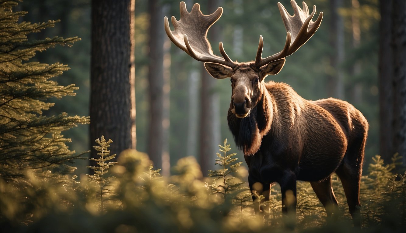 A large moose stands proudly in a forest clearing, its antlers reaching towards the sky.

The sunlight filters through the trees, casting a warm glow on the majestic animal