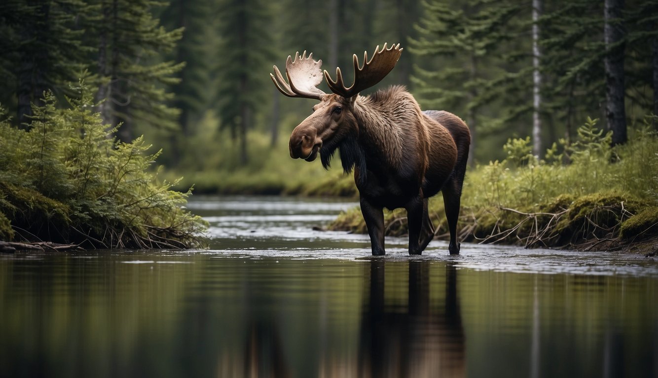 A moose grazes in a lush forest, surrounded by towering trees and a tranquil stream.

Its massive antlers reach towards the sky as it peacefully roams its natural habitat
