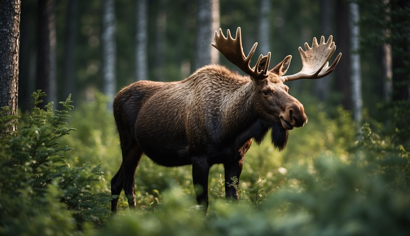 A moose grazes on leafy greens and berries in a lush forest, showcasing the importance of a balanced diet in the wild