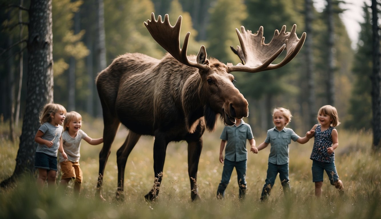 A moose plays with a group of kids, showing off its impressive size and antlers.

The children laugh and marvel at the majestic animal