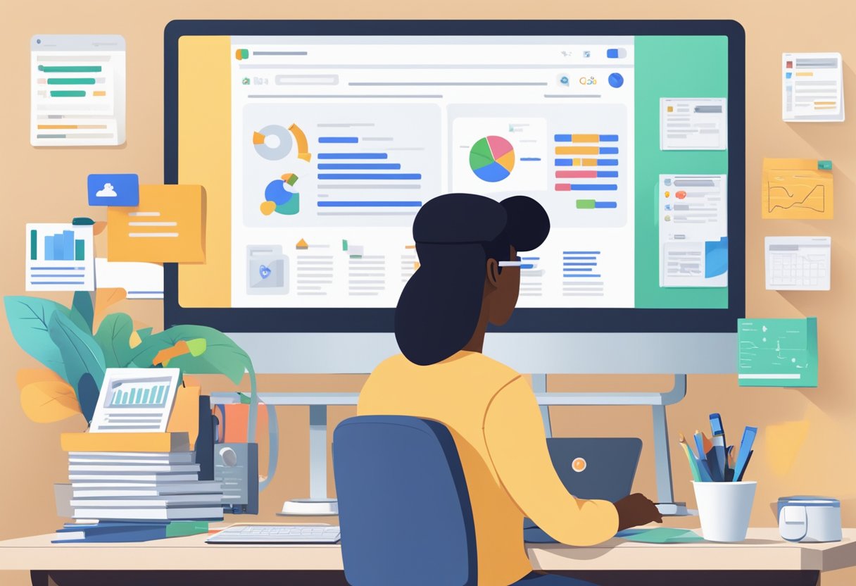 A person typing on a computer, with a Google Ads dashboard on the screen, surrounded by marketing materials and brainstorming notes