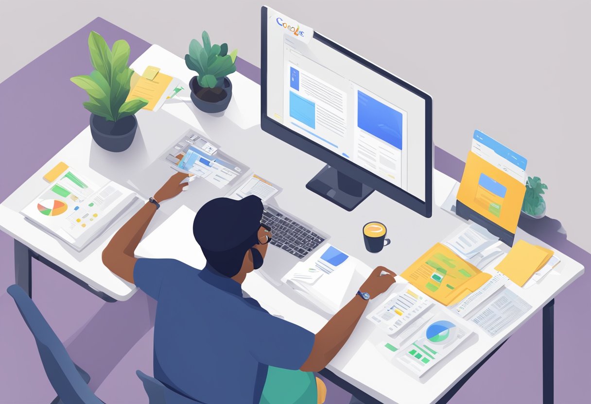 A person sitting at a desk, typing on a computer, with Google Ads interface on the screen, surrounded by notes and marketing materials