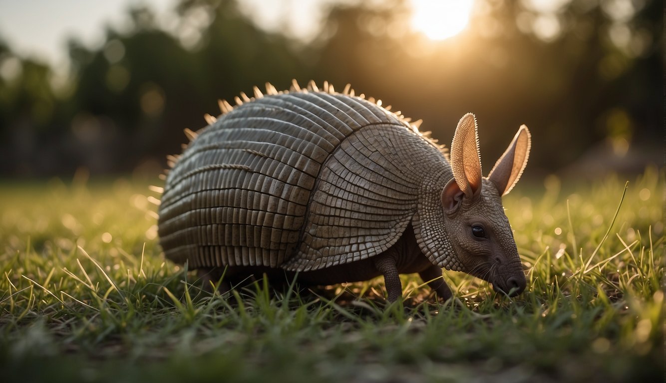 An armadillo curls into a ball, its hard shell protecting it from predators.

The sun shines down on the spiky armor as the armadillo rests in the grass