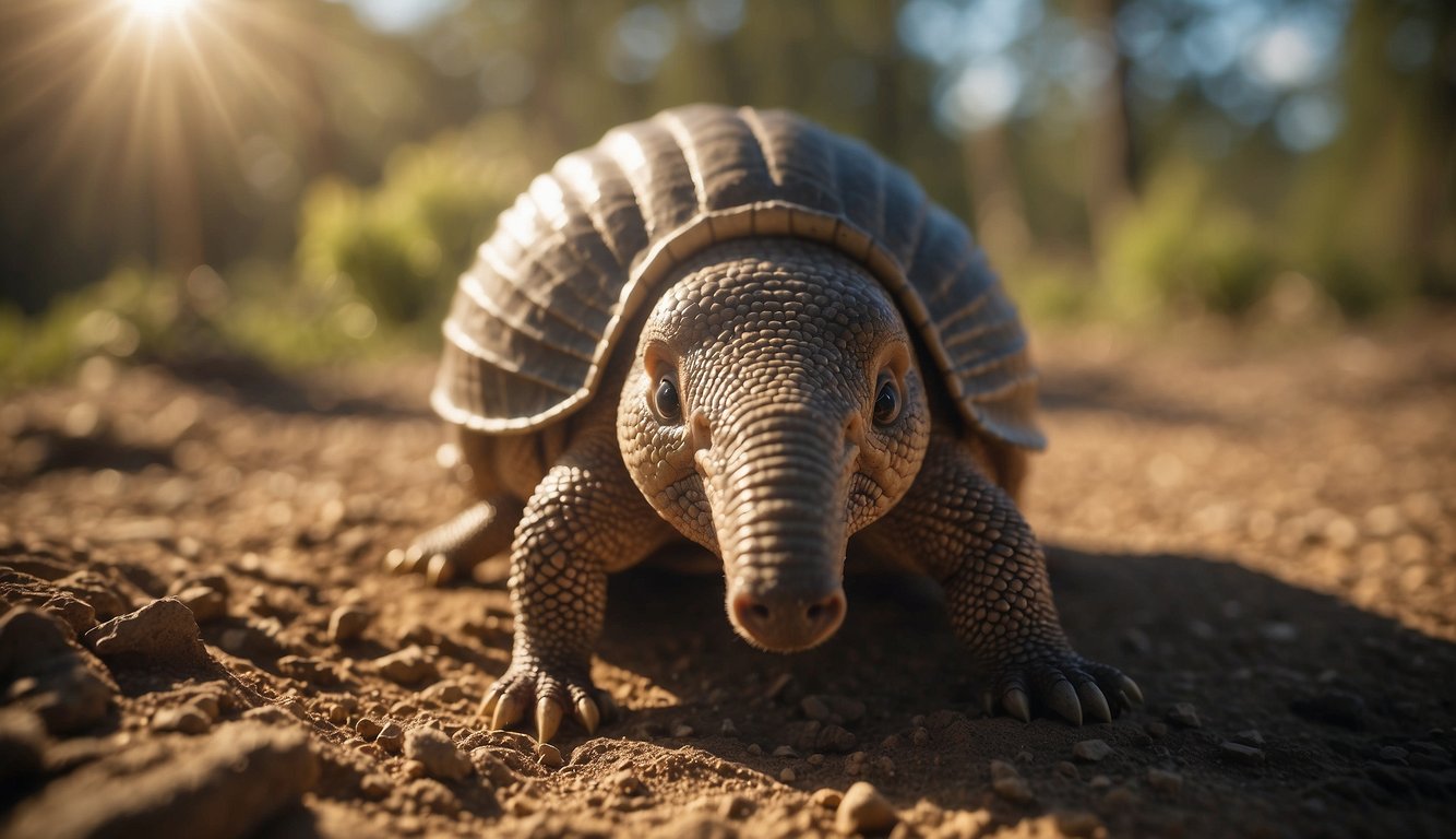 An armadillo burrows into the ground, its armored shell glistening in the sunlight.

Nearby, a group of curious children observe the unique creature in awe