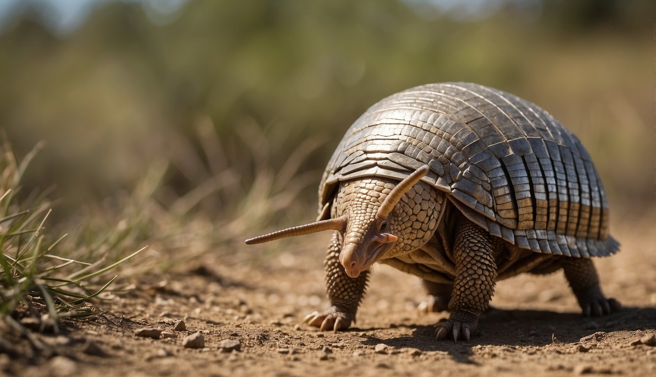 An armadillo stands tall, its hard shell glistening in the sunlight.

The armor is made up of overlapping bony plates, providing protection and defense