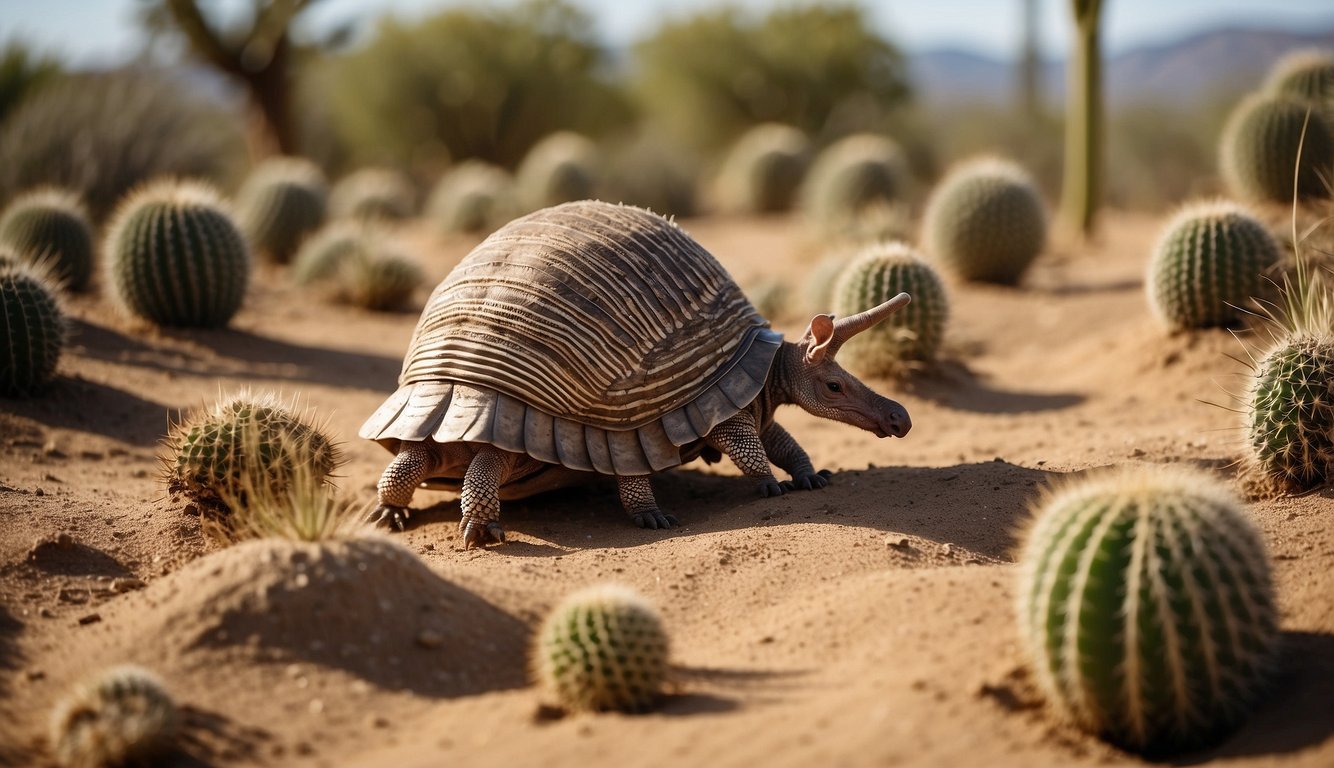 An armadillo digs in dry, sandy soil under a cactus.

Its armored shell reflects the sun as it sniffs the air for insects