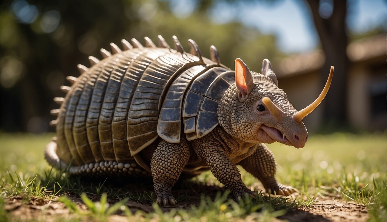 An armadillo stands proudly, its hard shell gleaming in the sunlight.

A group of curious kids gather around, eager to learn more about its unique armor