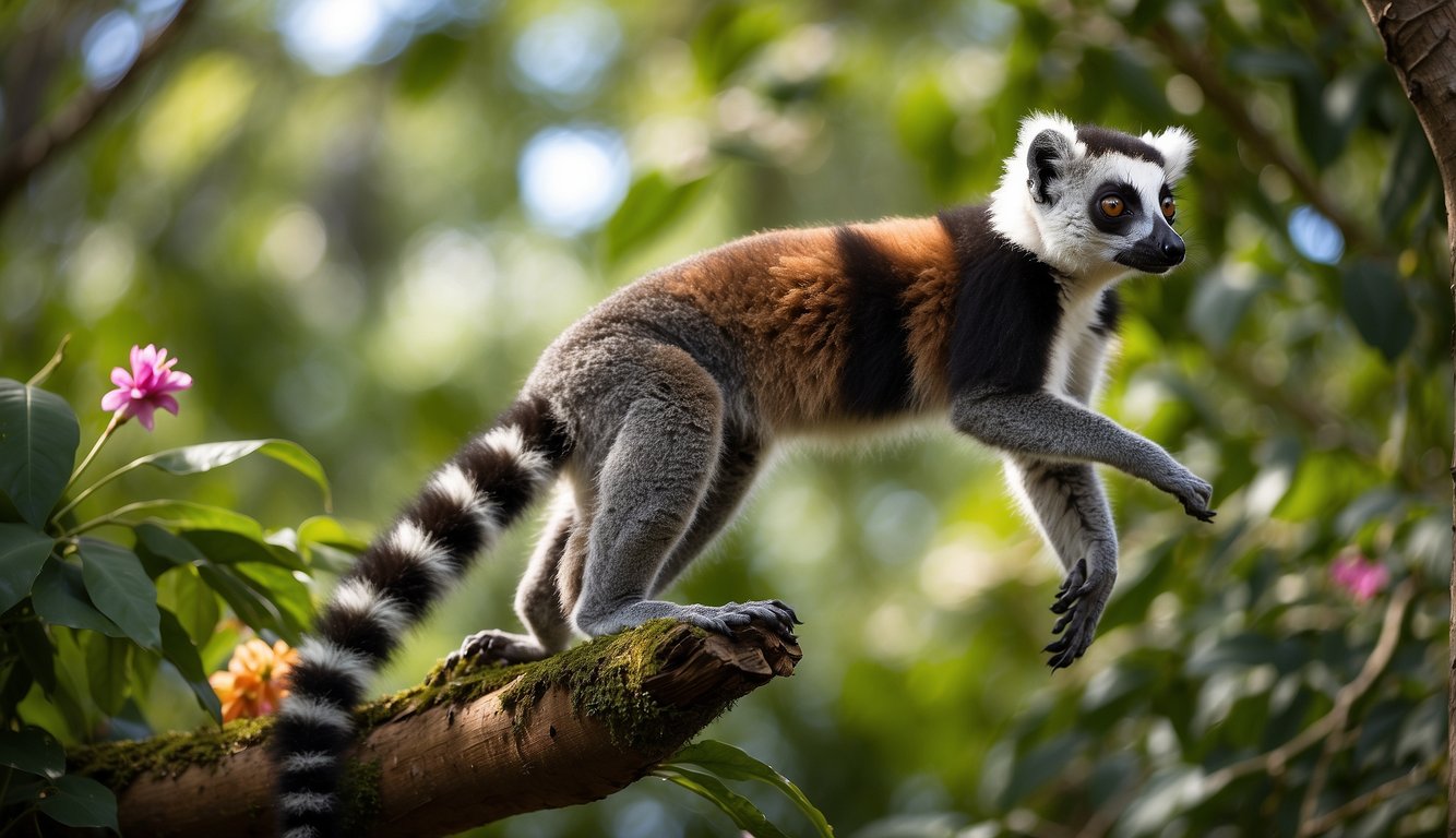 A lemur leaps from tree to tree, its long tail trailing behind.

The lush jungle setting is filled with vibrant green foliage and colorful flowers