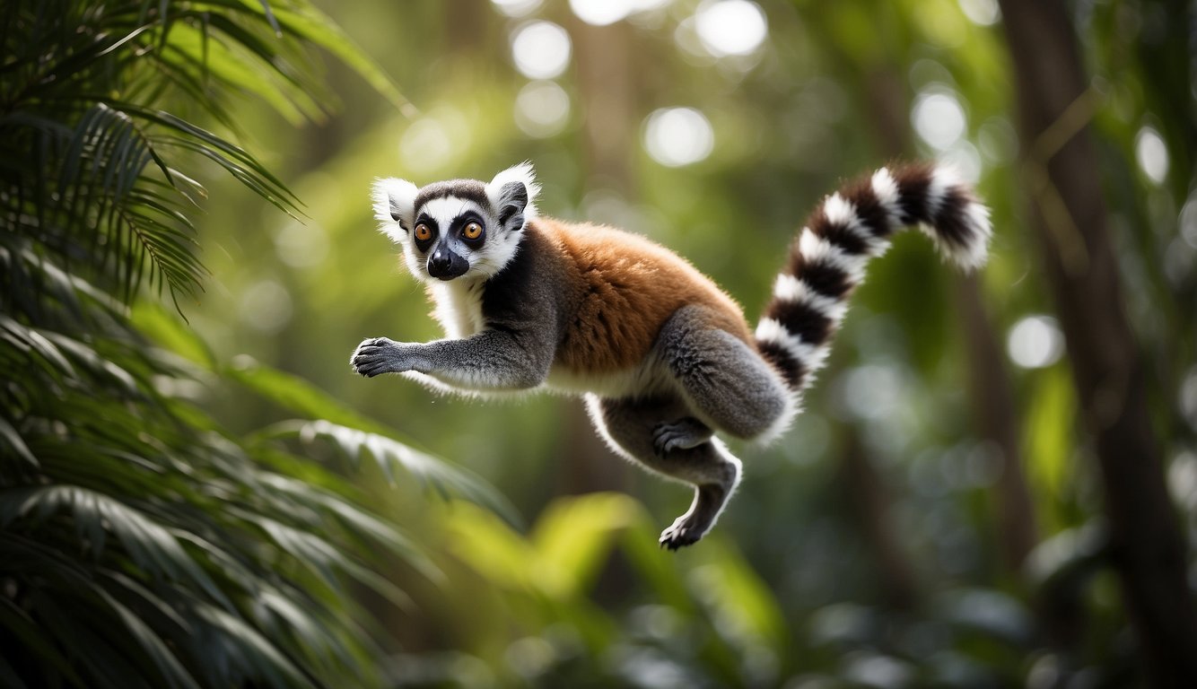 A lemur leaps through the lush, green canopy of the Madagascan rainforest, its long tail trailing behind as it gracefully moves through the trees