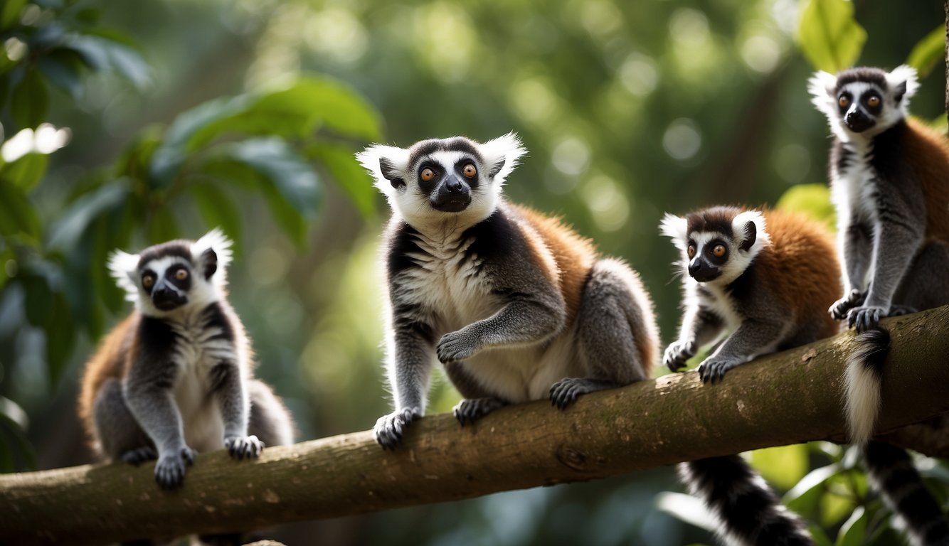 A group of lemurs, including ring-tailed, sifaka, and mouse lemurs, leap and play in a lush, tropical forest setting