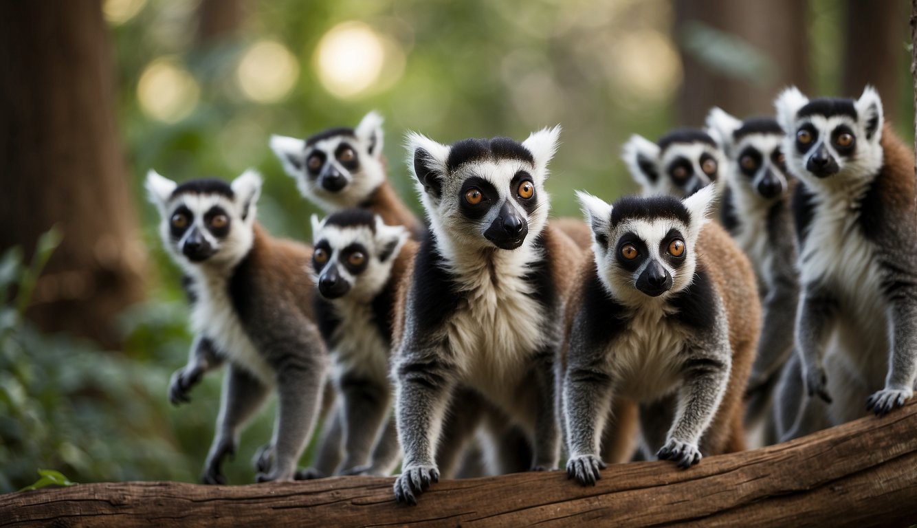 A group of lemurs playfully leap and chase each other through the trees, their long tails trailing behind them.

Some groom each other while others communicate with distinctive calls