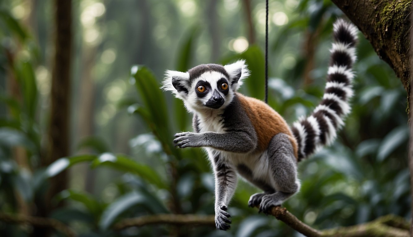 Lemurs swing from tree to tree in a lush rainforest, with colorful flowers and exotic plants all around.

A waterfall cascades in the background, creating a serene and natural habitat for these playful creatures