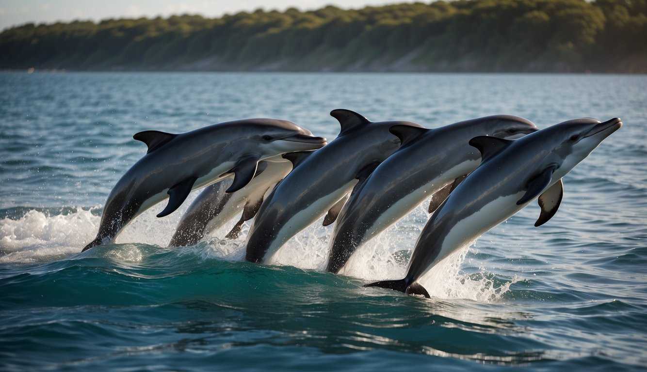 A pod of dolphins leaps and plays in the sparkling ocean, their sleek bodies breaking the surface as they flash their joyful smiles