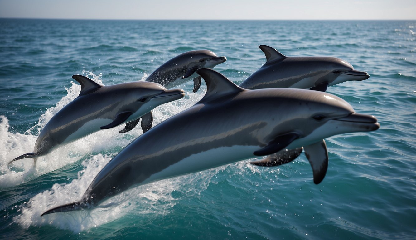 A pod of dolphins leaps from the sparkling blue ocean, their sleek bodies arching gracefully as they reveal their playful smiles