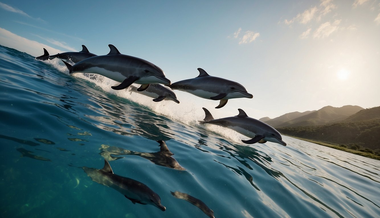 A pod of dolphins swims gracefully, their sleek bodies gliding through the water.

Some leap playfully into the air, their joyful chirps echoing across the ocean