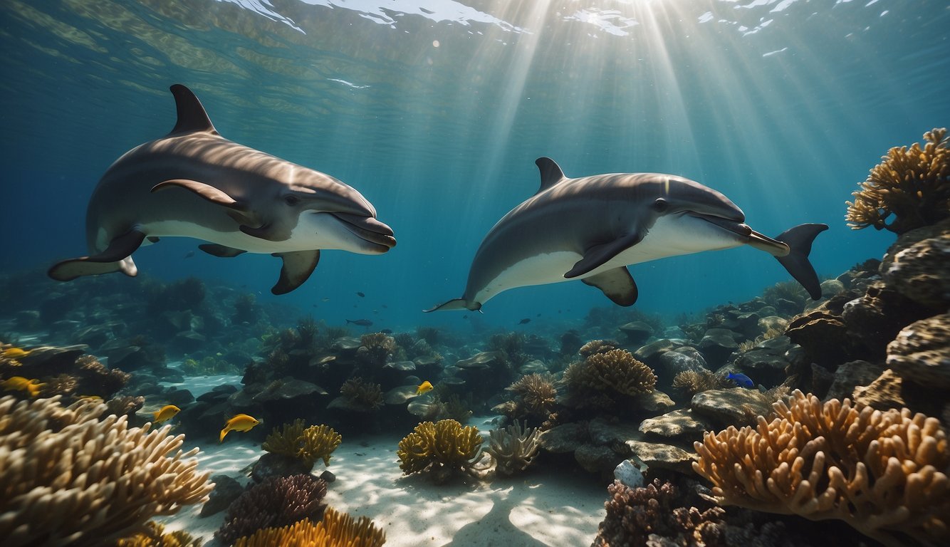 A group of dolphins swims freely in crystal-clear waters, surrounded by vibrant coral reefs and lush sea plants.

The sun shines brightly, casting a warm glow on the joyful creatures