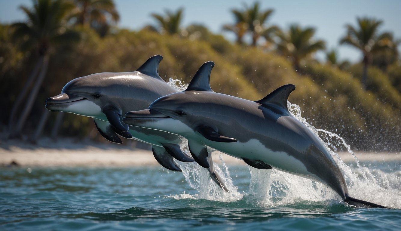 A group of dolphins leaping out of the water, their mouths curved in happy smiles, with a clear blue sky and sparkling ocean in the background