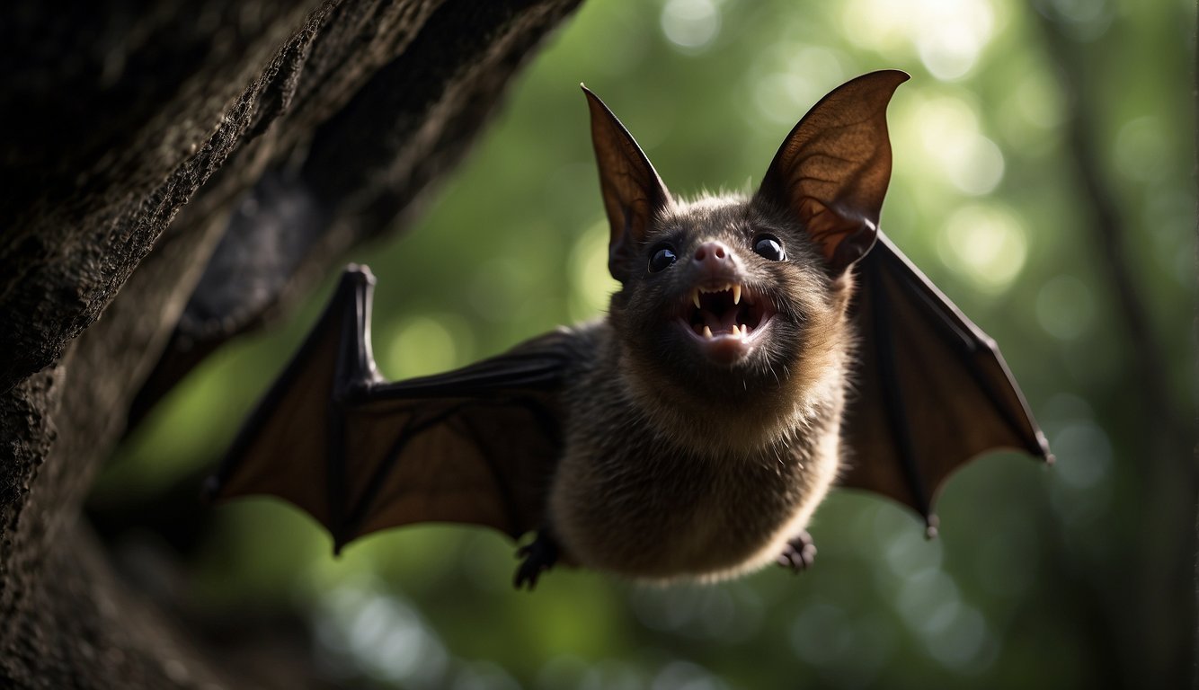 A bat uses echolocation to navigate through a dark cave, emitting high-pitched sound waves and listening for the echoes bouncing off objects