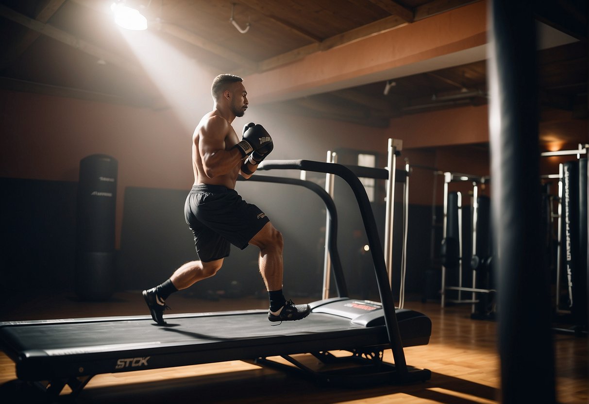 MMA fighter running on a treadmill, punching a speed bag, and performing high-intensity interval training exercises