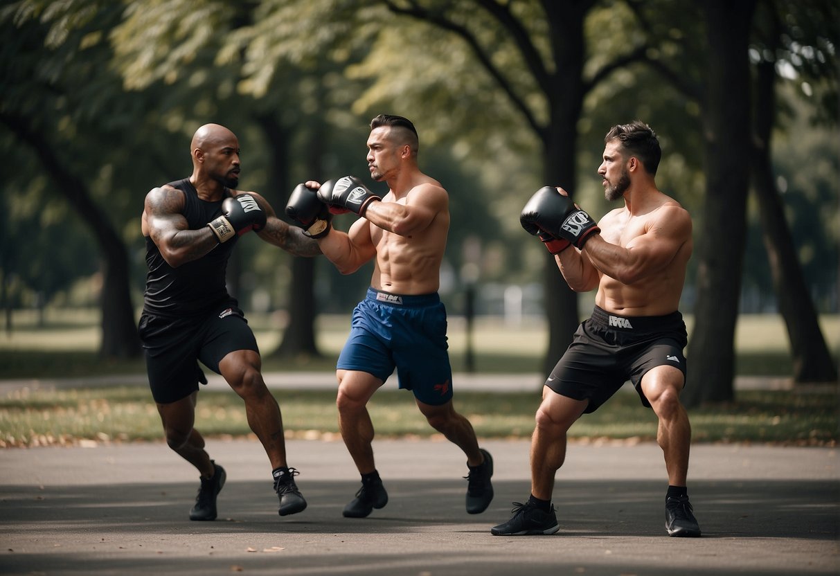 MMA fighters jogging in a park, punching a heavy bag, and doing high-intensity interval training