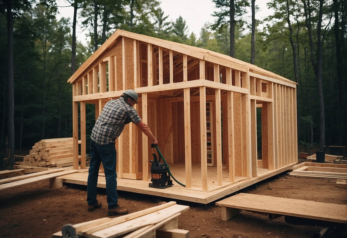A tiny home being constructed in a wooded area of Virginia, with a builder hammering and sawing the structure