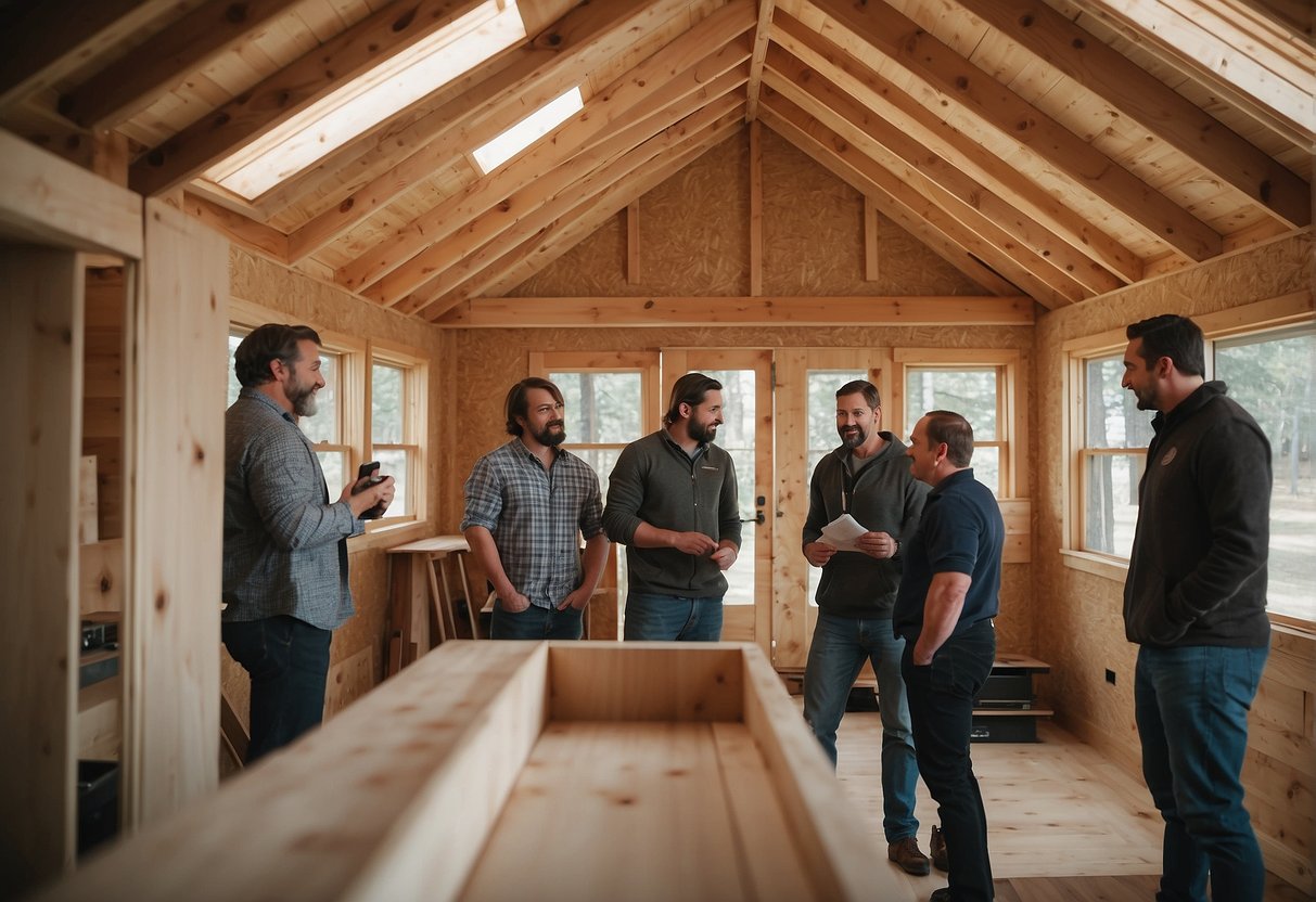 A group of tiny house builders in Virginia search for potential clients and discuss their construction plans