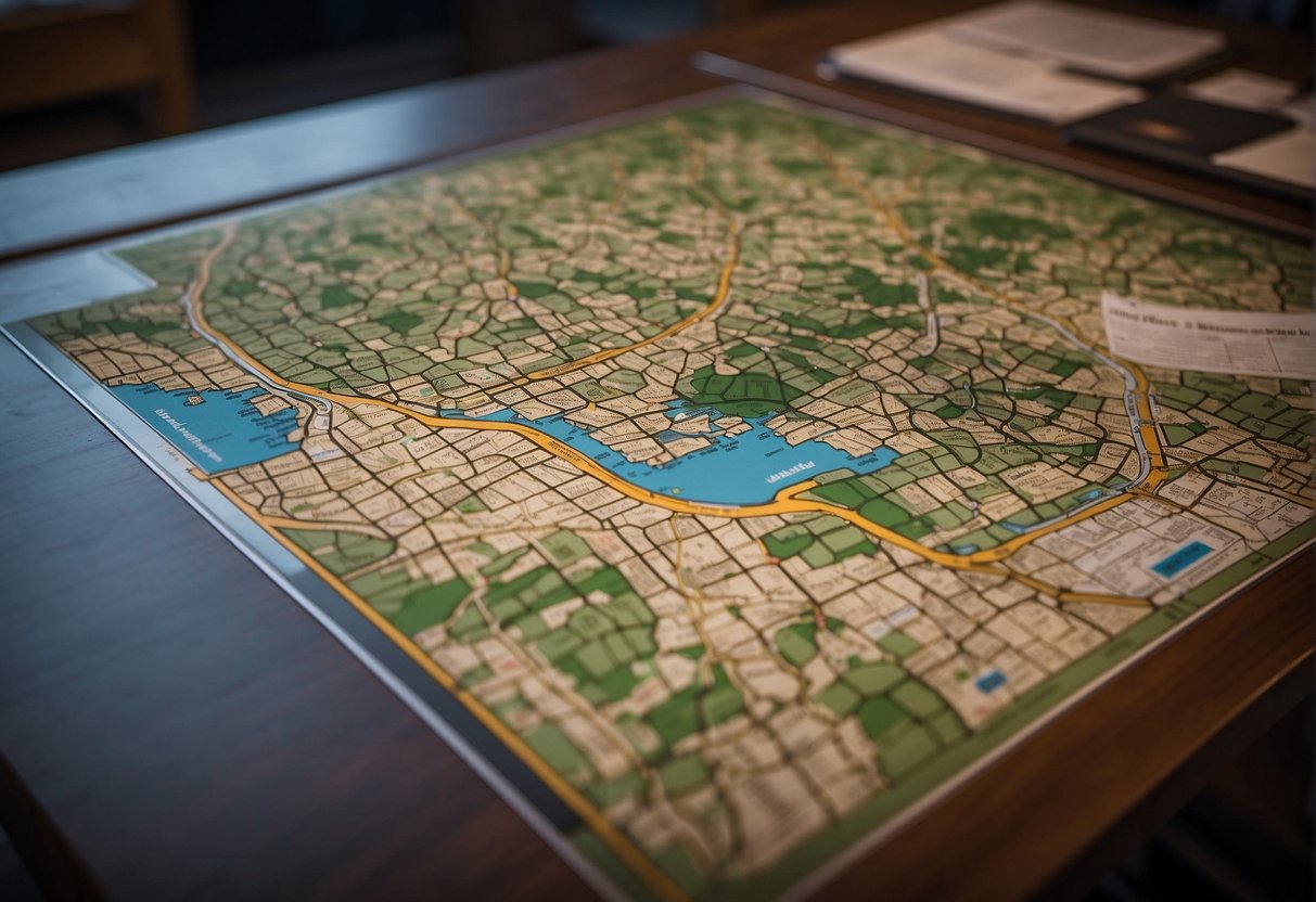 Various design options and customization features are displayed on a table, with Virginia map in the background