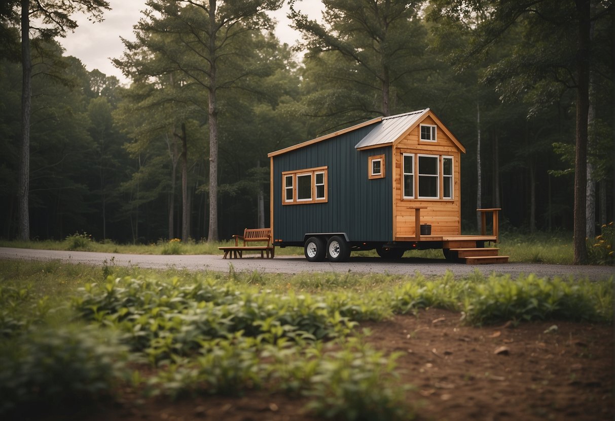 A tiny house sits on a wooded lot in Virginia, with a sign advertising financing options. A builder's truck is parked nearby