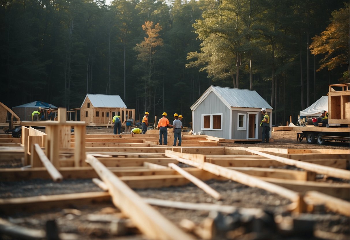 A tiny home construction site in Virginia, with builders working within legal guidelines