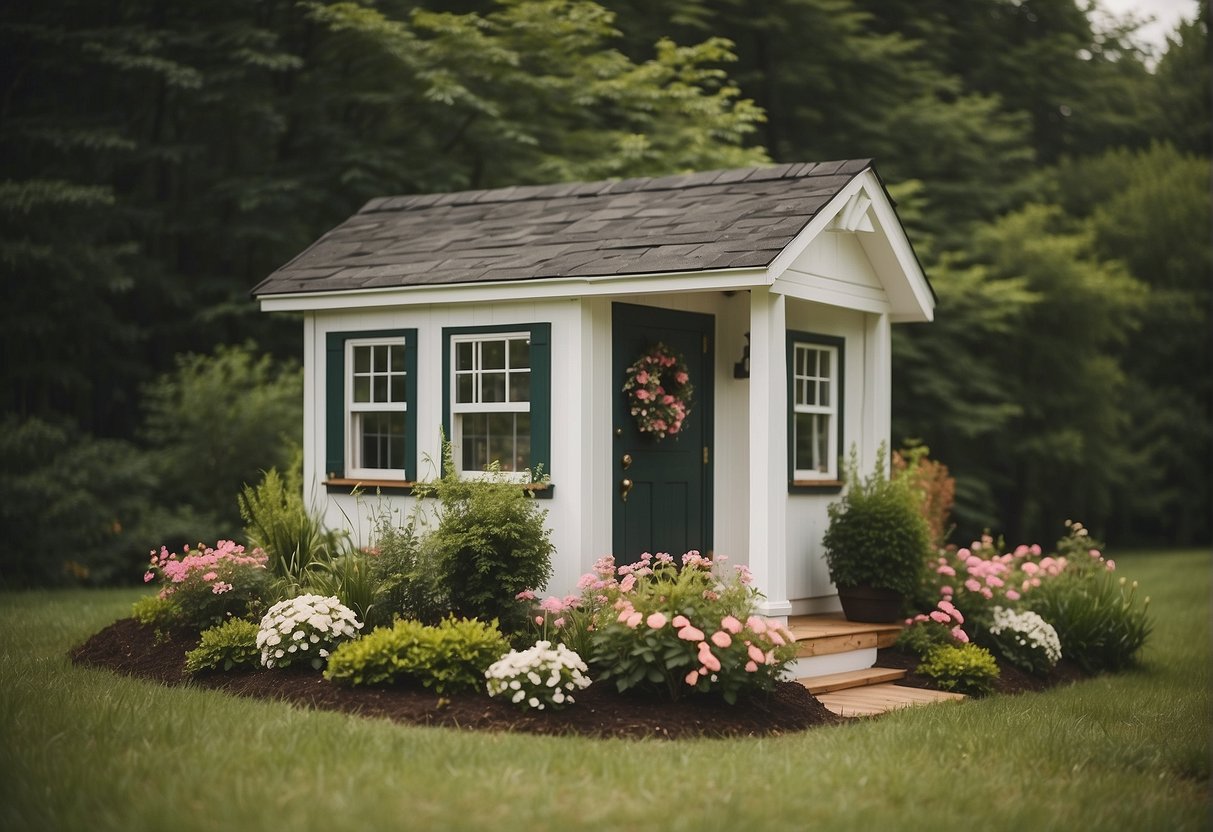 A small, charming tiny home nestled in the picturesque countryside of Virginia, surrounded by lush greenery and blooming flowers