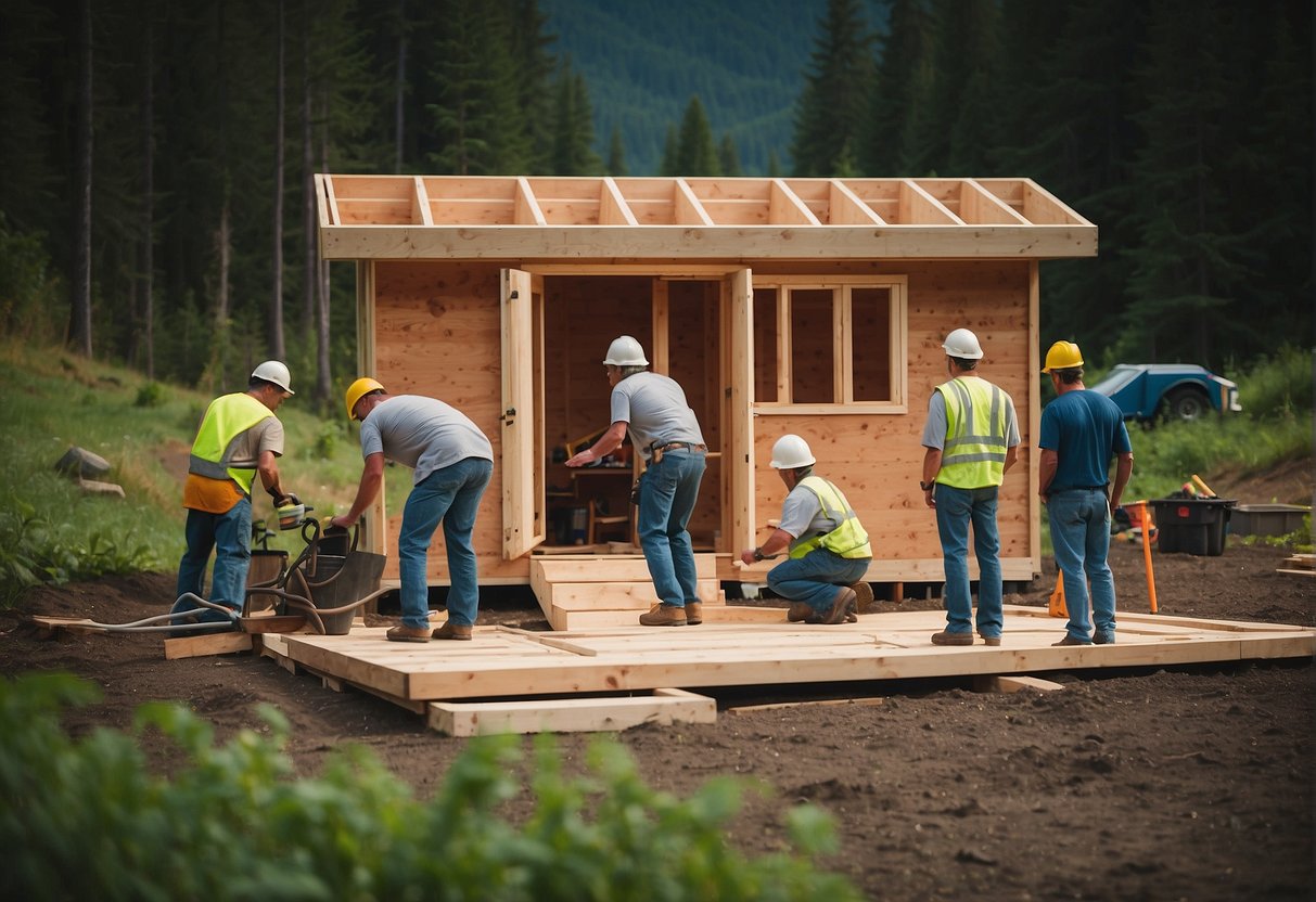 A group of skilled builders constructing a beautiful tiny home in the lush landscape of Washington state