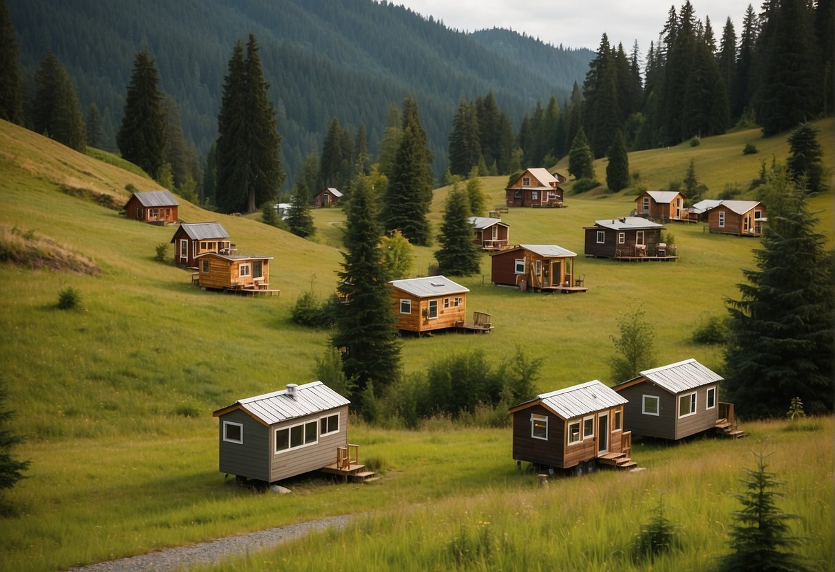 A group of tiny homes nestled in the lush green landscape of Washington State, showcasing the craftsmanship of the top builders in the area